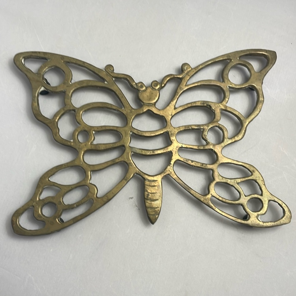 Vintage Cast Metal Butterfly Brassy Trivet with Rubber Feet Protectors
